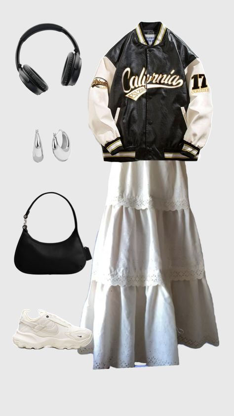 Upcycled tiered crème skirt styled with leather California letterman jacket, chunky headphones, and white Nike sneakers Cute Letterman Jacket Outfits, Lettermen Jacket Outfit, Chunky Headphones, Lettermen Jacket, Letterman Jacket Outfit, Headphone Outfit, White Nike Sneakers, Upcycled Skirt, Outfits Skirt