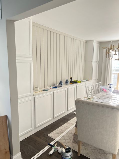 Dining Room Storage with Stock Cabinets – Close Enough DIY Dining Room Ikea Hacks, Buffet Dinning Room Ideas, Dining Room Bar Cabinet Ideas, Wall Buffet Cabinet, Adding Cabinets To Dining Room, Bookcase With Cabinet Base, Storage Cabinets With Doors Living Room, Dining Room Wall Cabinets, Stock Cabinets For Built In