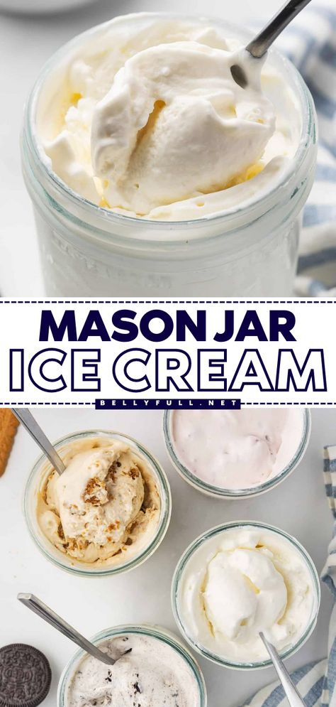 No special appliance needed to make Mason Jar Ice Cream – just a mason jar, 4 simple ingredients, and 5 minutes of prep! Customize it with optional mix-ins for a different flavor every time. It’s such an easy and delicious treat to enjoy in the summer or anytime. Homemade Ice Cream In A Mason Jar, Jar Ice Cream Mason, How To Make Ice Cream In A Mason Jar, Ice Cream Recipes Mason Jar, Ice Cream In A Jar For Kids, Ice Cream In A Mason Jar Recipe, Diy Easy Ice Cream, Ice Cream In A Jar Recipe, Non Churn Ice Cream