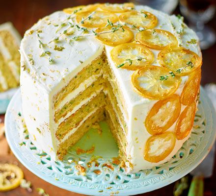 Inspired by the allotment, this fragrant, modern bake makes the most of a late-summer courgette crop Lemon Thyme Cake, Thyme Cake, Candied Lemon Slices, Vegetable Cake, Summer Cake, Lemon Thyme, Cake Mixture, Summer Cakes, Bbc Good Food Recipes