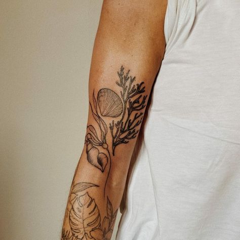 10 Best Patchwork Tattoo Sleeve Ideas That Will Blow Your Mind! | Outsons | Men's Fashion Tips And Style Guides Patch Tattoos Sleeve, Nature Tattoo Sleeve Patchwork, Nature Tattoos Patchwork, Granola Tattoo Sleeve, Patchwork Arm Tattoo Nature, Patchwork Sleeve Filler, Small Tattoo Sleeve Style, Ocean Patchwork Sleeve, Patchwork Plant Tattoo