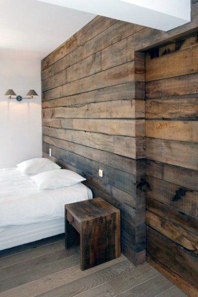 Old Barn Wood Bedroom Wall And Sliding Door Design Ideas Wood Wall Ideas, Wood Interior Walls, Wood Walls Bedroom, Wooden Accent Wall, Wood Wall Design, Sliding Door Design, Old Barn Wood, Wood Accent Wall, Into The Wood