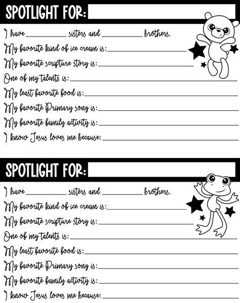 Spotlight Questions Relief Society, Primary Spotlight Questions, Primary Spotlight, Primary Presidency, Printable Forms, Lds Lessons, Primary Songs, Primary Singing Time, Primary Ideas