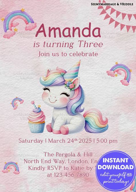 This unicorn-themed 3rd birthday invitation features a pastel pink watercolor background, a smiling unicorn, rainbows, cupcakes, and stars. Playful fonts highlight event details, creating a magical and joyful design. #UnicornBirthdayInvitation #KidsPartyIdeas #MagicalCelebration #RainbowTheme #PastelPartyDesign #UnicornParty #BirthdayInvitation #KidsBirthdayCelebration #RainbowUnicornTheme #PartyPlanning #UnicornBirthday #MagicalKidsParty #UnicornLovers #RainbowBirthday #3rdBirthday 3 Year Birthday Theme Pink, Unicorn 3rd Birthday Party, Unicorn Invitation Card, Pink 3rd Birthday, Pink Watercolor Background, 3rd Birthday Invitation, Turning Three, Playful Fonts, Joyful Design