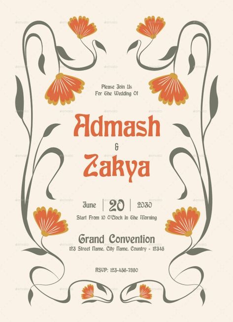 Wedding Invitation Suite Art Nouveau Art Nouveau Graphic, Art Nouveau Wedding Invitation, Book Editorial Design, Wedding Flyers, Art Nouveau Weddings, Table Name Cards, Book Editorial, Graphic Design Flyer, Minimalist Wedding Invitations