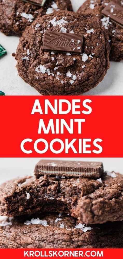 These Chocolate Andes Mint Cookies are super soft, chewy, fudgy and full of mint and chocolate flavor in every bite! Chocolate Andes Mint Cookies, Mint Cookies Recipe, Peppermint Buttercream, Andes Mint Cookies, Andes Mint Chocolate, Andes Mints, Chef Savvy, Chocolate Cake Mix Cookies, Dessert Christmas