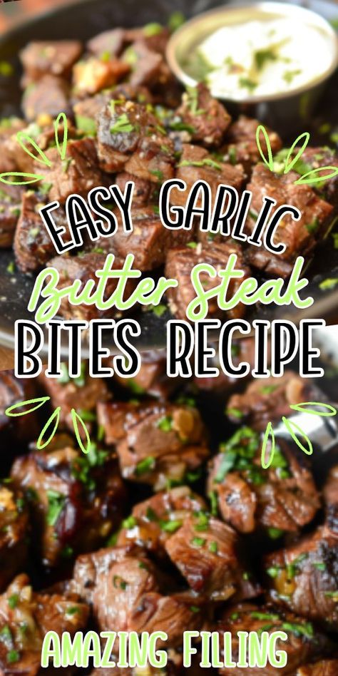 Easy Garlic Butter Steak Bites—a savory and succulent dish that's bursting with flavor. Imagine tender pieces of steak, seared to perfection and coated in a rich garlic butter sauce, creating a mouthwatering experience that will leave you craving more. Whether served as an appetizer, main Easy Garlic Steak Bites, Steak Bites With Garlic Butter Oven, Steak Bits, Easy Garlic Butter, Gourmet Steak, Garlic Butter Steak Bites, Butter Steak Bites, Steak Bites Recipe, Garlic Steak