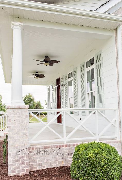 Check out this blog post with all you need to know about updating your front porch. Front porch railing ideas and styles for any home! Front Porch Railing Ideas, Brick Farmhouse, Brick Porch, Front Porch Railings, Front Porch Makeover, House Front Porch, Balcony Railing Design, Building A Porch, Porch Makeover