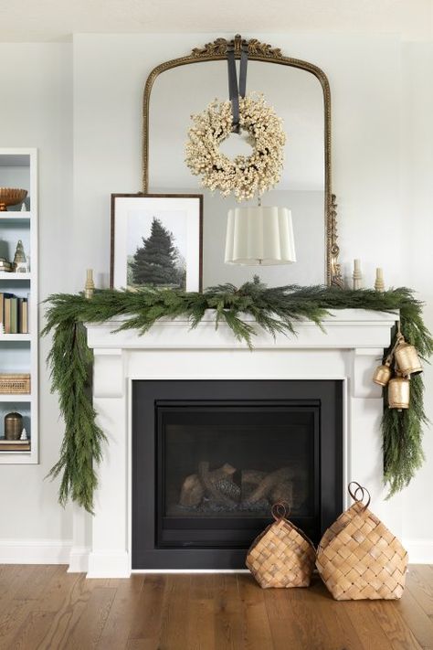 Wreath Over Mirror, Wreath On Mirror, Mantle Decor Christmas, Holiday Bedding, Wreath Mirror, Bria Hammel Interiors, Mantle Styling, Bria Hammel, Cedar Wreath