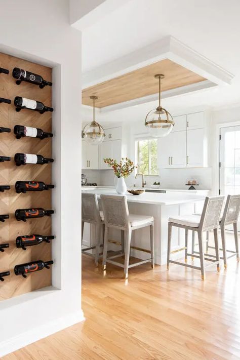 Wine Wall Display Dining Rooms, Built In Wine Rack Cabinets, Wine Wall Dining Room, Wine Shelves Wall, Dining Room Wine Wall, Wine Display Wall, Wine Cellar Closet, Large Island With Seating, Wine Wall Display