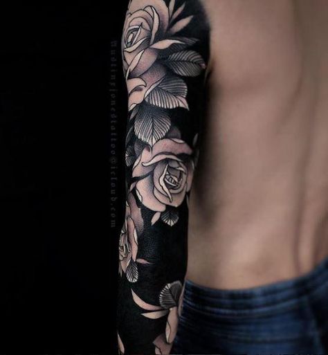 Beautiful Tattoo by Austin Jones - black out sleeve with roses and a skull White Flower Tattoos, Black And White Flower Tattoo, Tato Maori, Black Sleeve Tattoo, Best Cover Up Tattoos, Temple Tattoo, Rose Tattoo Sleeve, Skull Sleeve Tattoos, Skull Sleeve