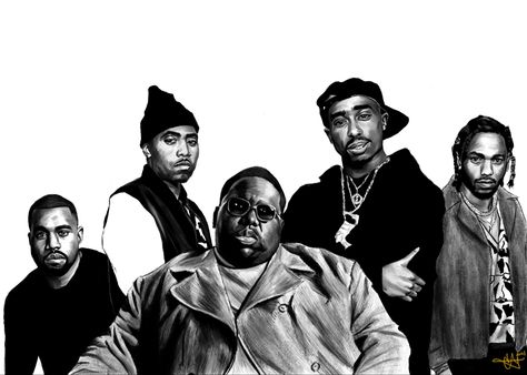 Artwork by Connor Galaz of th goats of rap, including kanye, nas, biggie, tupac, and kendrick lamar Hip Hop Artwork, Kendrick Lamar, Tupac, Goats, Che Guevara, Rap, Hip Hop, Historical Figures, Hair Styles