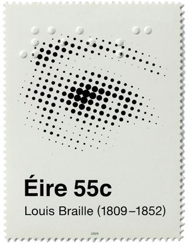 Making use of both Ben-Day dots and tactile dots of braille an amazingly subtle postage stamp issued by Ireland in 2009, commemorating the 200th birthday of Louis Braille. Louis Braille, Ben Day Dots, Interaktives Design, Postage Stamp Design, Post Stamp, Design Stamps, Postal Stamps, Stamp Design, Design Graphique