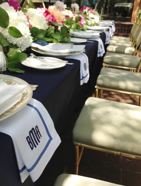 Blue and white is a color combination that never goes out of style. This slideshow from Veranda shows so many great decorating ideas with the always-pleasing color palette. Blue And White Tablescapes, Blue And White Table Setting, Folded Napkins, Bridesmaids Luncheon, Monogram Napkins, Navy Table, Preppy Monogram, Bridesmaid Luncheon, Monogrammed Napkins