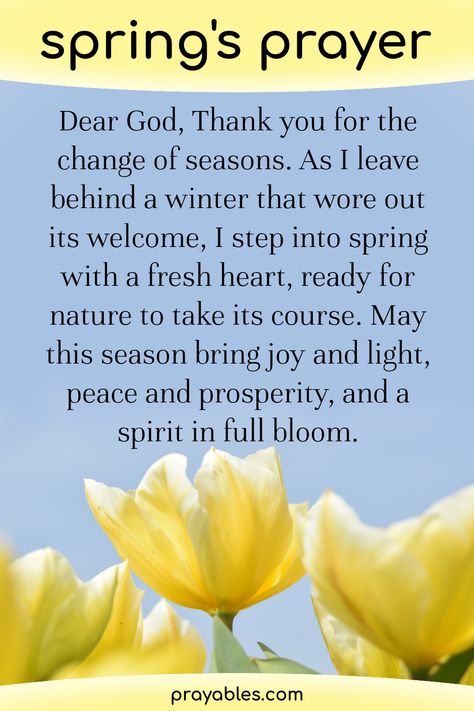 Happy spring prayer to remind you of God's grace with every new season. Refresh your spirit, today's prayer will get you there. For more prayers, blessings and favorite bible verse check out prayables.com Intercession Prayers, Teacher Prayer, Today's Prayer, Change Of Seasons, Beginning Of Spring, Morning Prayer Quotes, Bible Study Plans, Good Morning God Quotes, Prayer For Today