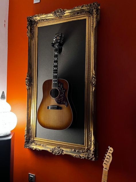 Guitars, decoration, rock n roll Instrument Display Ideas, Guitar Mounted On Wall Decor, Guitar Wall Mount Ideas, Guitar On Wall Decor, Guitar Hanging Ideas, Violin Display, Guitar Frame, Guitar Holder Wall