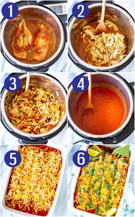 Instant Pot Chicken Enchiladas - Eating Instantly Instant Pot Chicken Enchiladas, Pressure Cook Chicken Breast, Easy Enchilada Sauce, Red Chicken Enchiladas, Pressure Cooking Chicken, Enchilada Sauce Easy, Chicken Peppers, Chicken Enchiladas Easy, Pressure Cooker Chicken