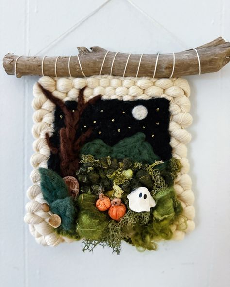 It was my birthday yesterday, so enjoy this little fall/halloween inspired piece that I made. 🍂💜 . Created with weaving, felting, and sewing. Fiber sources tagged! I made the door, pumpkins, and ghost with polymer clay. . . . . . . . . . . . . #wallweaving #weaving #walldecor #yarn #yarnweaving #artyarn #texturedyarn #chunkyyarn #fiber #fiberarts #makers #makersofinstagram #weaversofinstagram #yarnspinning #bipocmaker #bipocmakersofinstagram #homedecor #landscape #maine #madeinmaine #mainem... Halloween Weaving, Fiber Sources, Ghost Diy, Felt Halloween, Diy Weaving, Textured Yarn, Sources Of Fiber, Tapestry Weaving, Chunky Yarn