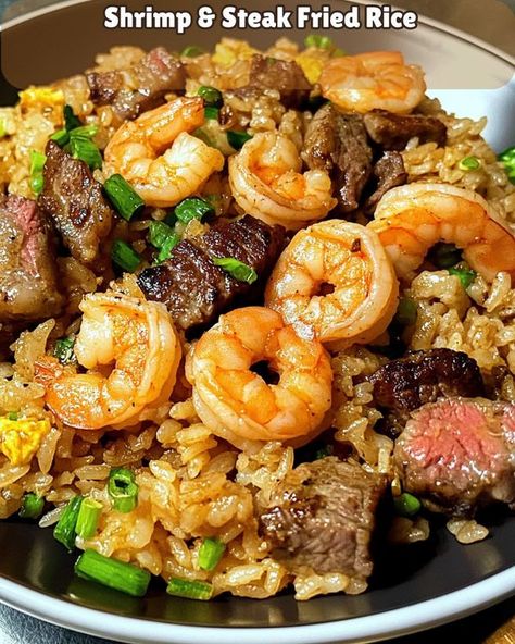 Teriyaki Steak Fried Rice, Easy Steak Fried Rice, Shrimp And Steak Fried Rice Recipe, Steak And Shrimp Fried Rice Recipe, Dinner Recipes For Family Steak, Surf And Turf Fried Rice, Shrimp And Steak Fried Rice, Blackstone Fried Rice Recipe, Steak And Shrimp Fried Rice