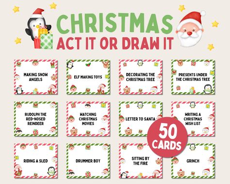 50 Christmas Charades Ideas for Kids! Fun Christmas Activity for Family! This printable Christmas party game includes 50 act it or draw it cards to play both charades and pictionary! Perfect holiday game for Christmas classroom parties, holiday office parties, or family game night! ⭐ Includes: - Christmas Act It or Draw It Game - 50 Cards - 9 page PDF format 💭 How to Use: 1. Instant download after purchasing 2. Print files out at home or professionally print 3. Have fun! ✨ Get the whole bundle! ✨ https://paperjamprintable.etsy.com/listing/1339366948/20-christmas-games-bundle-family 💬 Where's my file? Within minutes of your order and payment, an e-mail will be sent to the address you have associated with your Etsy account with a link for your download.   You can also find the link through Christmas Charades Printable Free, Charades Ideas For Adults, Christmas Charades For Kids, Charades Ideas, Office Christmas Party Games, Christmas Pictionary, Charades For Kids, Christmas Party Games For Kids, Christmas Charades