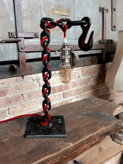 WELDED CHAIN LAMP VERSION 2.0 CHECK US OUT ON ETSY AT MAKERSCHICAGO (one word) Steampunk Lights, Chain Lamp, Car Part Furniture, Steampunk Lighting, Pipe Lighting, Welding Art Projects, Pipe Furniture, Steampunk Lamp, Pipe Lamp