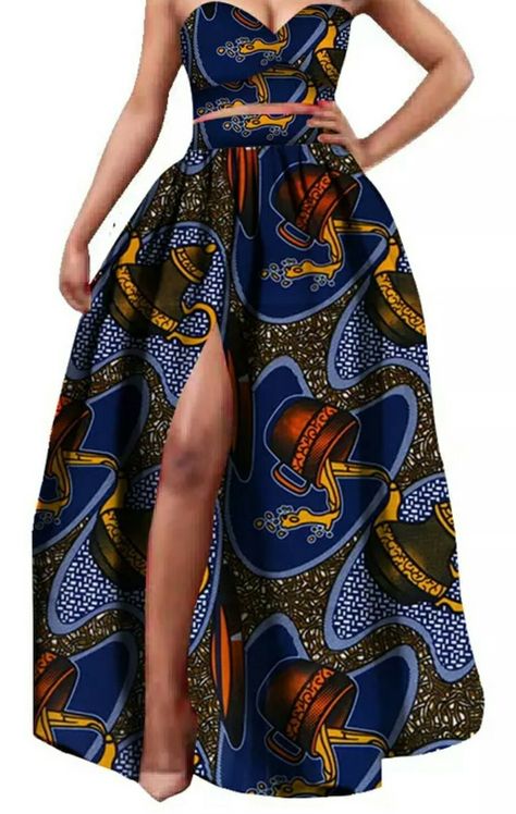 Bustier and split skirt set African wax pattern African Skirt Outfit, South African Clothes, Zulu Traditional Attire, Chitenge Outfits, Wax Print Dress, Nigerian Dress, African Chic, African Prom Dresses, African Skirts