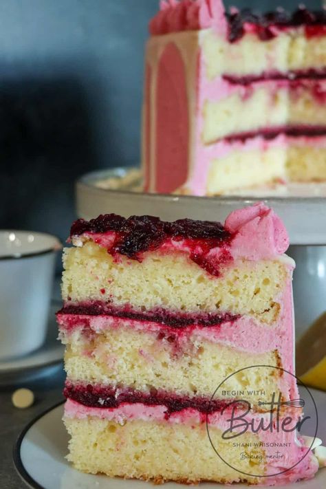 Lemon Cranberry Cake with White Chocolate Ganache | Begin with Butter Cranberry Cake Filling, Cranberry Filling For Cake, Lemon Cranberry Cake, Cranberry Filling, Lemon Cranberry, Cake With White Chocolate, Moist Lemon Cake, Cranberry Cake, Cake Filling