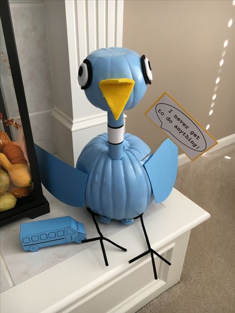 Mo Willems' pigeon pumpkin Pigeon Storybook Pumpkin, Book Character Pumpkins Pigeon, Pigeon Book Pumpkin, Bird Pumpkin Decorating, Mo Willems Trunk Or Treat, Pigeon Pumpkin Character, Mo Willems Pigeon Costume, Pigeon Book Costume, Storybook Pumpkin Ideas For Boys