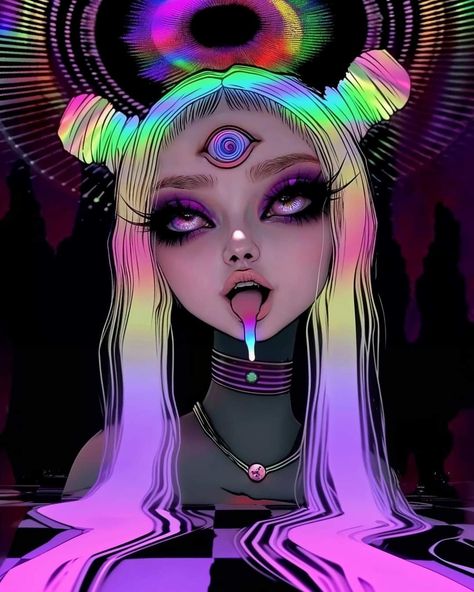 3 Eyed Character Design, Black Light Drawings, Trippy Cartoon Art, Breakup Painting, Alien Girl Art, Weird Core Art, Antlers Drawing, Edm Girl, Obscure Art