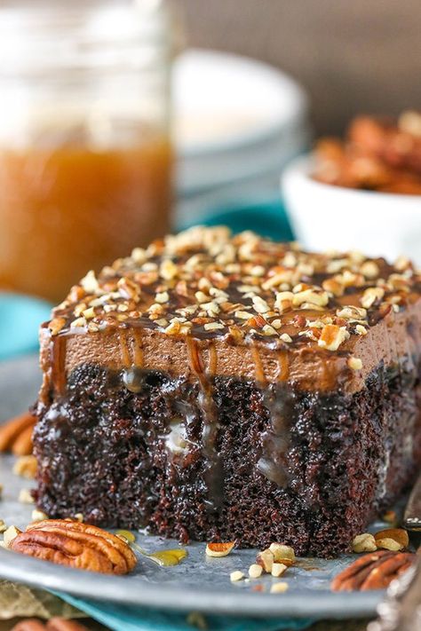 Chocolate Turtle Poke Cake, Turtle Cake Recipe, Turtle Poke Cake, Chocolate Turtle Cake, Cake Recipe From Scratch, Chocolate Turtle, Poke Cake Recipe, Chocolate Poke Cake, Chocolate Turtles