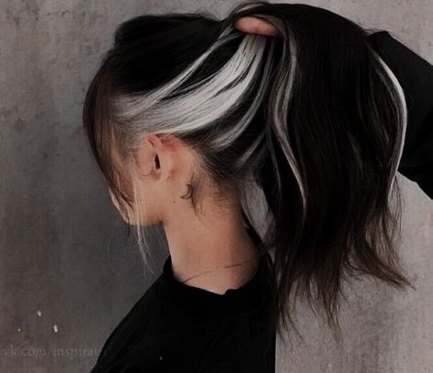 Top Black Bottom Platinum Hair, Dark Hair Color Balayage Ideas, Peekaboo With Black Hair, Black Hair With Silver Peekaboo, Black Hair Grey Underneath, Black And Silver Peekaboo Hair, Black Hair Silver Underneath, Peekaboo Grey Hair, Dark Hair With Underneath Highlights