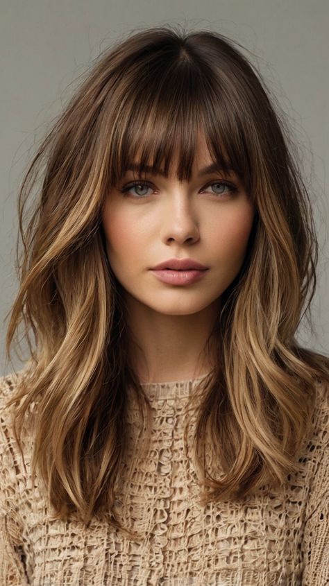 Glamorous Medium-Length Hairstyles with Bangs: Hair Ideas for Side Wavy 🔮 Medium Length Hair And Bangs, Ella Langley Bangs, Hairstyles For Oval Face Shape Medium, Mid Length Haircut With Bangs, Bangs Hair Ideas, Subtle Bangs, Shaggy Bangs, Brown Bangs, Medium Length Layered Haircuts