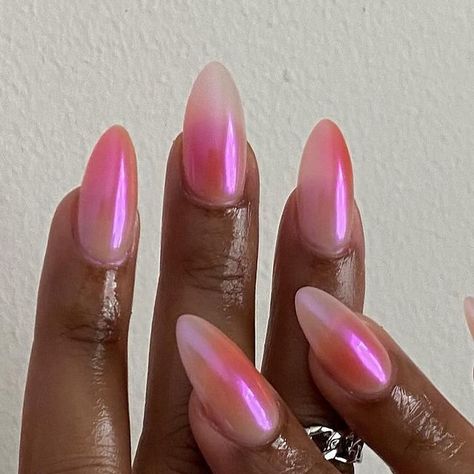 @nailzzbysteph on Instagram: "summer aura + chrome 🌅  @apresnailofficial natural medium almond" Short Summer Chrome Nails, Aura Nails With Rhinestones, Medium Oval Nails Designs, Pink Aura Nails With Chrome, Glazed Aura Nails, Pink Orange Red Nails, Peach Aura Nails, Cool Nail Inspo Almond, Sunset Chrome Nails