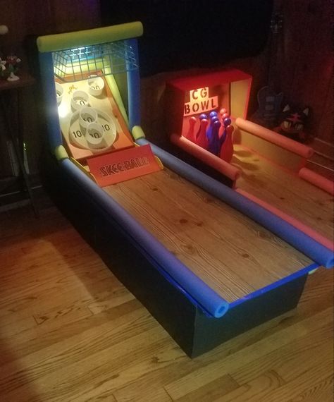 Bought a skee ball game off of Amazon but wanted it to have more of the classic arcade version feel. Arcade Bday Party, Arcade Theme Trunk Or Treat, Arcade Trunk Or Treat, Arcade Decorations Party Ideas, Diy Arcade Games, Ball Pit Games, Diy Ball Pit, Arcade Theme, Backyard Games Diy