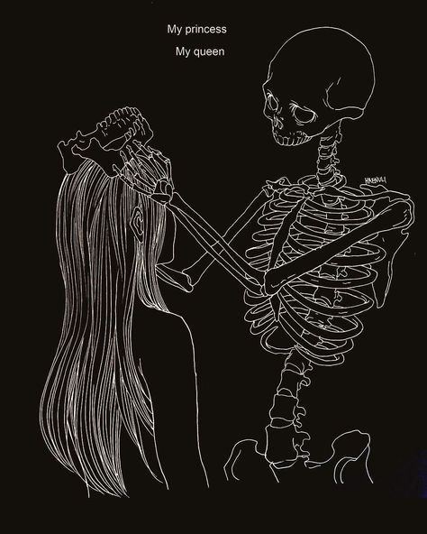 Grim Reaper In Love, Skeleton Couple Aesthetic, Skeleton Art Love, Skeletons Wallpaper Aesthetic, Don't Fall In Love, Skeleton Artwork, Skeleton Love, Meaningful Drawings, Romance Art