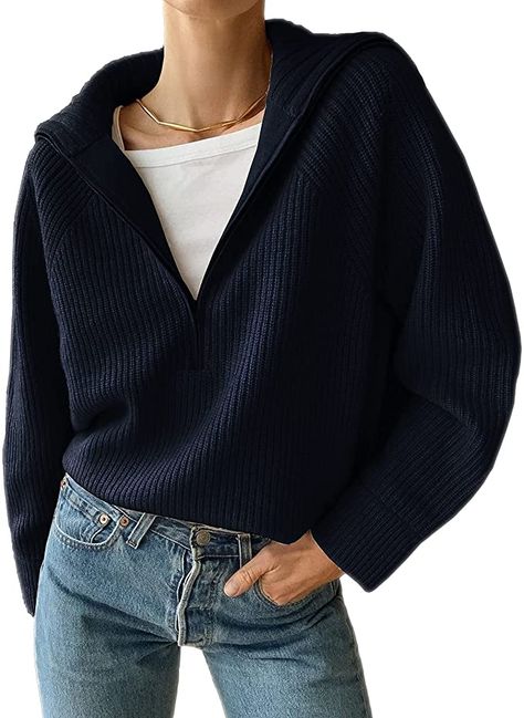 Pullover Mode, Zippered Sweater, Loose Outfit, Winter Tops, Turndown Collar, Long Sleeve Knit Tops, Collar Top, Half Zip Pullover, Short Coat