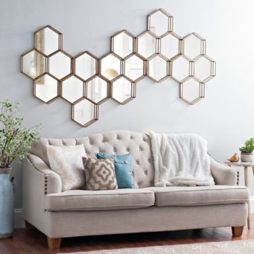 Hexagon Mirror Wall Decor, Mirror Decor Living Room, Hexagon Mirror, Interior Decorating Living Room, Rustic Wall Mirrors, Antique Mirror Wall, Mirror Wall Living Room, Mirror Wall Bedroom, Mirror Design Wall