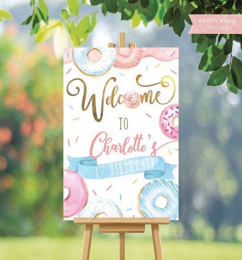 Donut Banner, Sweet One Birthday, Donut Themed Birthday Party, Birthday Donuts, Donut Birthday Parties, Donut Birthday, Birthday Welcome Sign, First Birthday Themes, Donut Party