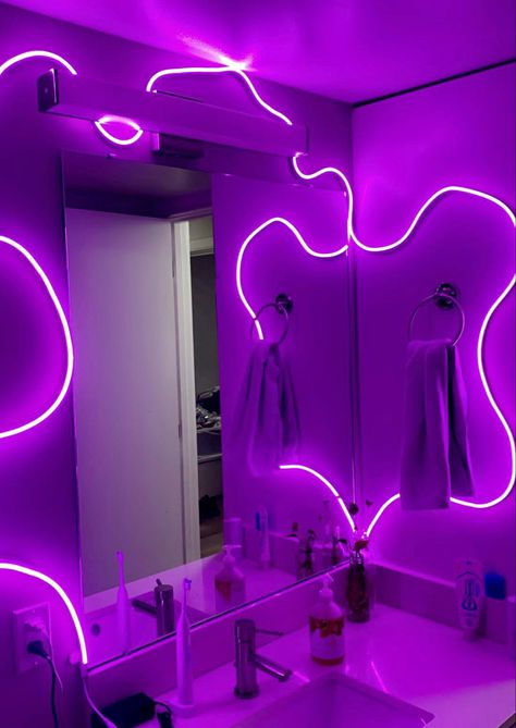 #commissionlink Neon Strip Lights Bathroom, Small Bathroom Ideas Led Lights, Bathroom Mood Lighting, Checkerboard Ceiling, Neon Bathroom, Neon Rope, Neon Lights Bedroom, Dorm Bathroom, Lights For Bedroom