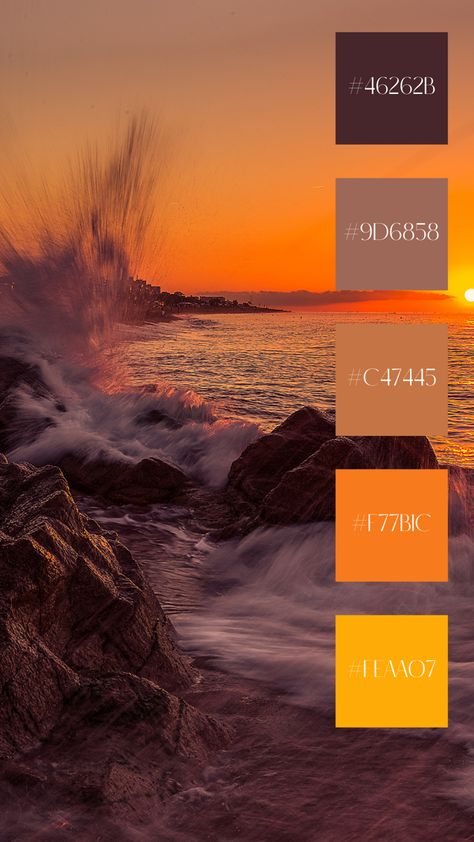 Golden Hour Color Palette, Colour Pallettes, Style Tips And Tricks, Sunset Color Palette, Sunset Palette, Sunrise Colors, Dark Summer, Web Colors, Color Schemes Colour Palettes