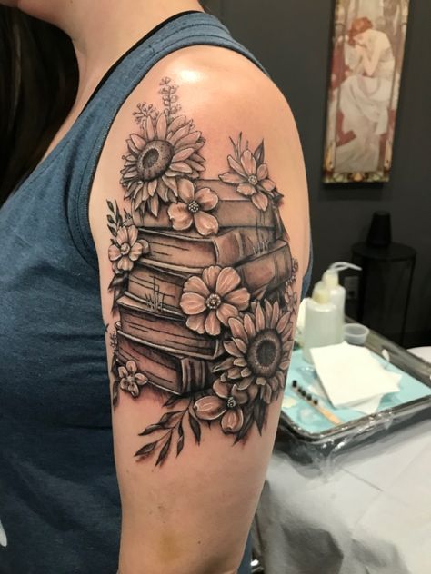 Floral Book Sleeve Tattoo, Plants And Books Tattoo, Books And Wildflowers Tattoo, Book Stack With Flowers Tattoo, Book Arm Sleeve Tattoo, Owl Book Tattoo, Book Leg Tattoo, Books With Flowers Tattoo, Book Thigh Tattoos Women