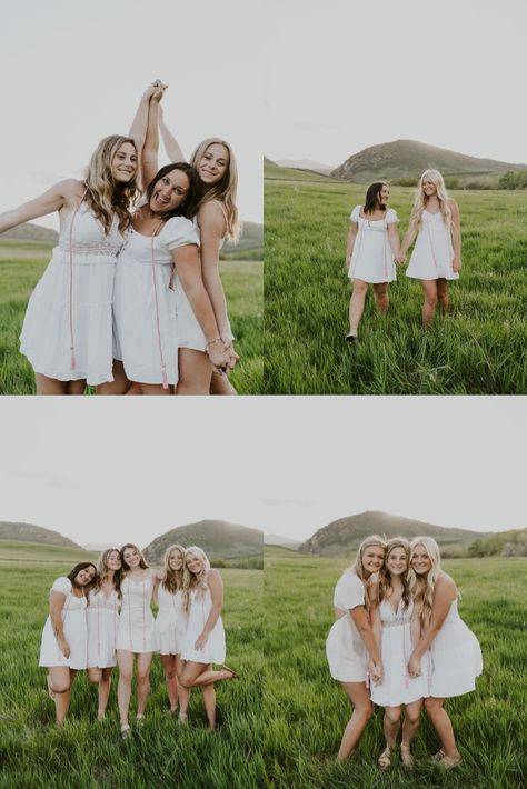 White Outfit Senior Pictures, Group Outside Photoshoot, Group Clothing Photoshoot, Senior Friends Photoshoot, Senior Friend Photoshoot, Bff Senior Pictures Photo Shoots, College Shirt Senior Pictures Best Friends, Group Senior Photoshoot Ideas, Senior Girl Group Photoshoots