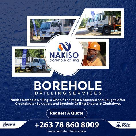 BOREHOLE DRILLING SERVICES: Nakiso Borehole Drilling Is One Of The Most Respected and Sought-After Groundwater Surveyors and Borehole Drilling Experts in Zimbabwe. Call our friendly and knowledgeable team today on +263 78 860 8009 for the best prices and services. Get In Touch with Us Via WhatsApp: https://wa.me/c/263788608009 Email: info@nakisoboreholes.co.zw Website: www.nakisoboreholes.co.zw Borehole Drilling, Water Solutions, Zimbabwe, Labour, Media Post, Flyer Design, Social Media Post, Labour Day, Poster Design