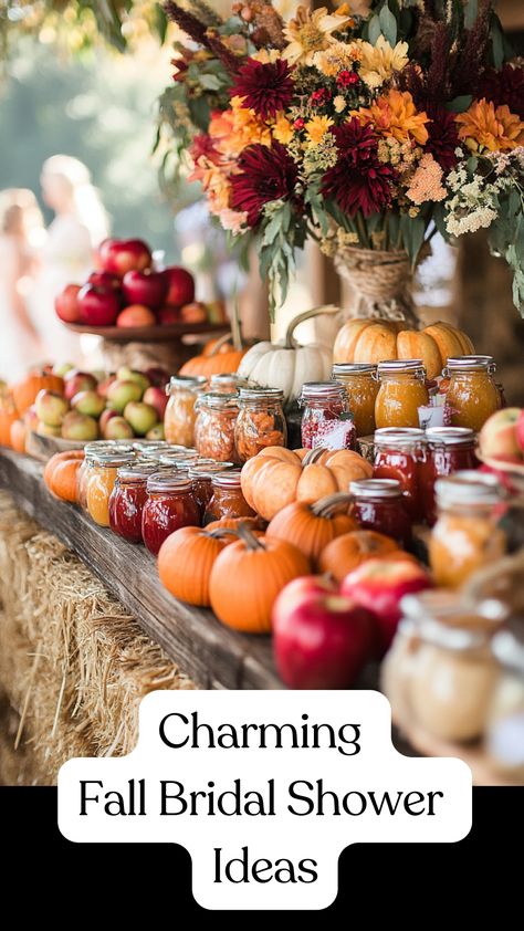 A cozy fall bridal shower with hay bales, apples, pumpkins, fall foliage, farm-to-table food, and mini jam or honey jars as favors. Pumpkin Bridal Shower Theme, Fall Theme Tea Party, Fall Bridal Shower Ideas, Fall Proposal, Tea Party Theme, Seasonal Treats, Fall Bridal Shower, Mini Jars, Fall Events