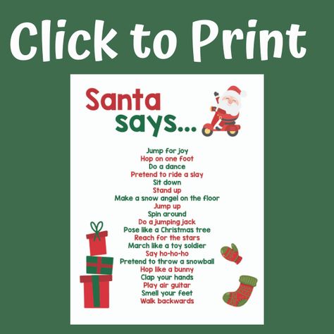 The kids will love playing this holiday version of "Simon Says". But instead of Simon - it's Santa! All you have to do is print off this Santa Says Printable Christmas Game to get started!  #christmasgames #printablechristmasgames #kidsgames #christmasprintables #kidsactivities #holidayswithkids Christmas Simon Says Game, Santa Says Game, Santa Craft For Preschool, Mom Exercise, Guessing Games For Kids, Secret Santa Game, Santa Activity, Santa Says, Santa Games