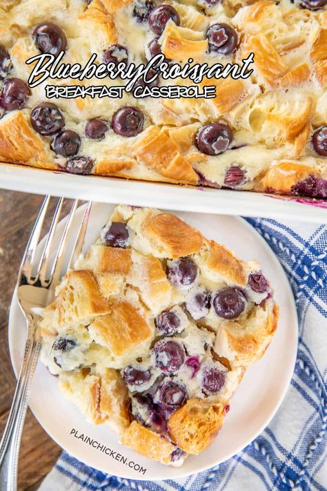 Blueberry Croissant Breakfast Casserole - buttery croissants, cream cheese, sugar, eggs, milk, and blueberries. You can assemble the casserole and refrigerate overnight. This is incredibly delicious! Can eat for breakfast or dessert. Perfect for potlucks, baby showers, overnight guests, and holiday mornings! #breakfast #casserole #blueberries #overnight Honey Ham Biscuit Sliders, Blueberry Breakfast Casserole, Honey Ham Biscuits, Fruit Salad With Cream, Blueberry Croissant, Croissant Breakfast Casserole, Easy Breakfast Casserole Recipes, Tater Tot Breakfast Casserole, Delicious Breakfast Casserole