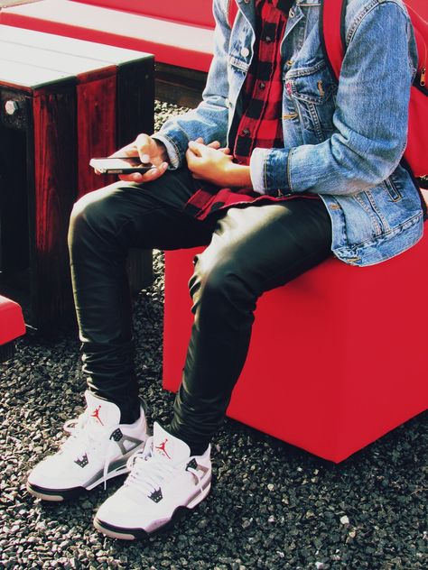 Levi's Denim jacket red flannel leather pants an Jordan white cement 4s Jordan 4 Outfit Men Fashion Styles, Retro 4 Outfits, Jordan Retro 4 Outfits, Jordan 4 Outfit Men, Jordan 4 Outfit, 4s Outfit, Air Jordan Outfit, Outfits With Air Force Ones, Outfits With Jordan 1s Fashion Styles