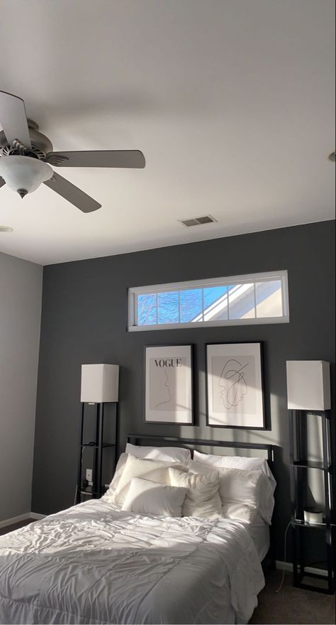 Grey Room Ideas Bedroom Small Spaces, Grey Carpet White Walls Living Rooms, Black And Grey Walls, Modern Minimalist Bedroom Small Simple, Male Bathroom Ideas Decor, Colors To Paint A Bedroom, Color Room Ideas, Bedroom Asthetics, Room Wall Painting Ideas