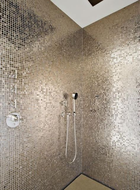 Metallic Tiles Bathroom, Glitter Tiles, Glamorous Bathroom, Mosaic Bathroom Tile, Silver Tile, Mosaic Tile Designs, Silver Bathroom, Gold Tile, Bathroom Lamp