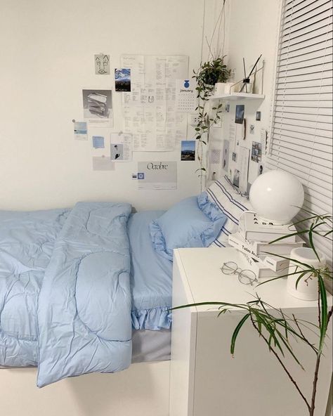 White Blue Room Decor, Blue Korean Bedroom, Blue White Bedroom Aesthetic, Blue And White Apartment Aesthetic, White And Blue Room Bedroom Ideas, Light Blue And White Room Aesthetic, Blue Ocean Room Aesthetic, White And Blue Bedroom Aesthetic, Light Blue And White Room